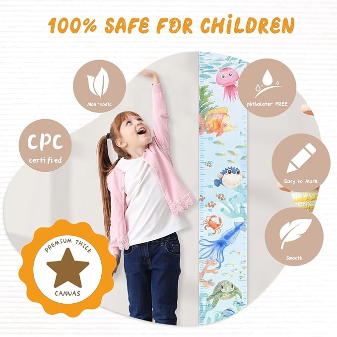 Personalized Name Growth Chart for Wall, Painted Marine Animals Canvas Height Chart for Kids Baby Child Toddler, Canvas Growth Chart for Wall Nursery Decor, Hangable & Waterproof
