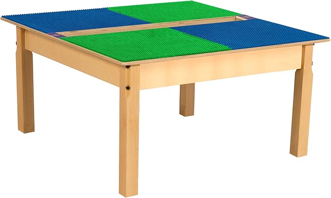 Time-2-Play Kids Wooden 35" W Square Compatible with Duplo Play Table with 16" Long Maple Legs, Montessori Building Blocks Desk with Trough for Toddlers Playroom [Blue and Green]