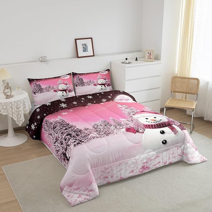Feelyou Kids Merry Christmas Decorations Toddler Size Comforter Set Xmas Snowman Bedding Set Girly Pink Quilt Set Soft Warm Lightweight Duvet Set