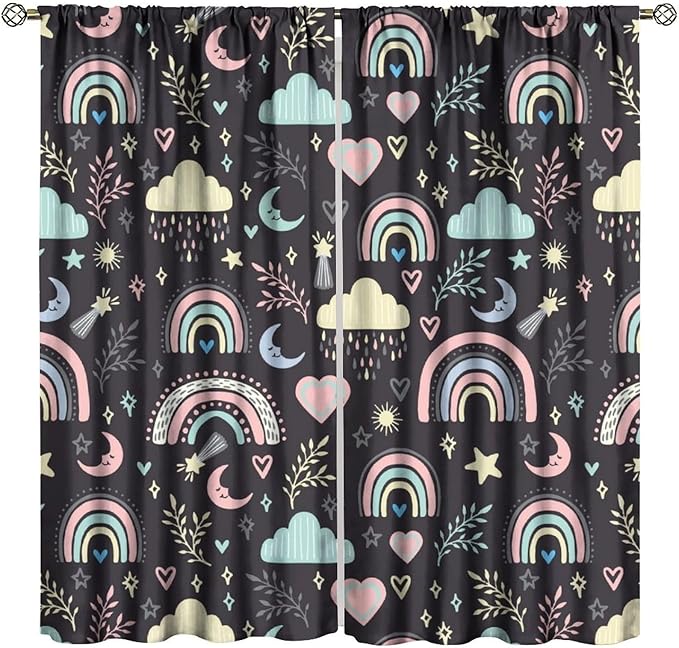 Boho Rainbow Curtains for Kids Nursery Colorful Floral Sun Star Clouds Pastel Bohemian Pattern Print Window Drapes for Girl Bedroom Living Room Kitchen Decor,2 Panel Set,42Wx45H Inch Decor