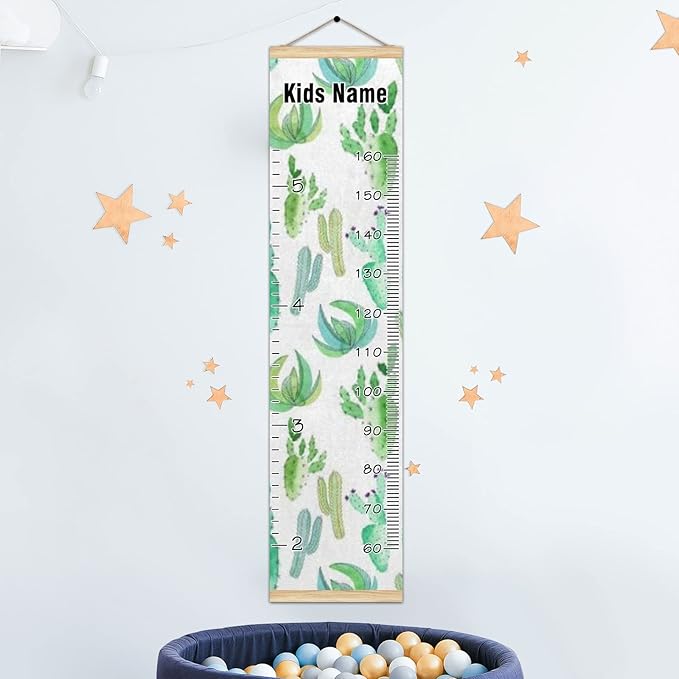 Personalized Kids Name Growth Chart Ruler for Wall Wood Frame Height Measure Chart 13.4x56 in Linen Hanging Height Growth Chart Cactus Green Watercolor Kids Room Decor