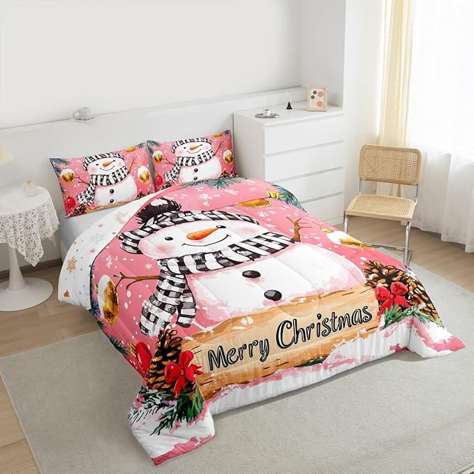 Feelyou Merry Christmas Kids Comforter Set Twin Size Cute Snowman Bedding Set Snowflake Duvet Quilt for Kids Boys Girls Bedroom Winter Decor Microfiber Ultra Soft Breathable