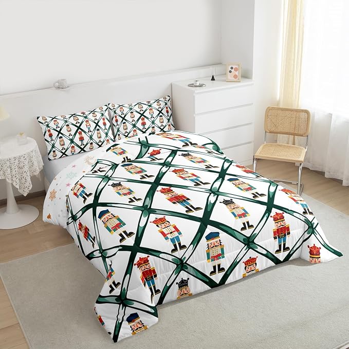 Feelyou Cute Nutcracker Bedding Set Soft for Boys Girls,Green Lattice Pattern Comforter Set Full Size Colorful Duvet Quilt Microfiber Funny Soldier Bedroom Decor Kawaii 3 Pcs with 2 Pillow Cases