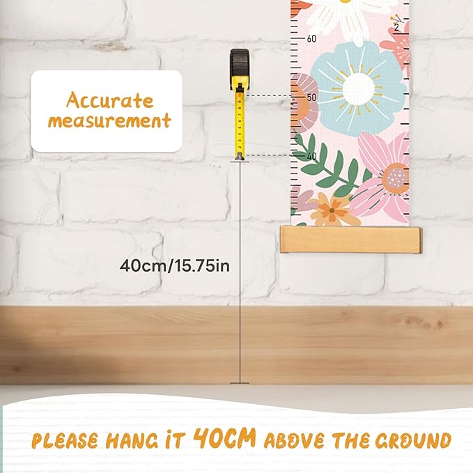 Personalized Name Growth Chart for Wall, Painted Flowers Canvas Height Chart for Kids Baby Child Toddler, Canvas Growth Chart for Wall Nursery Decor, Hangable & Waterproof