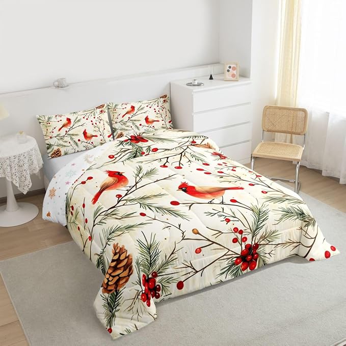 Feelyou Cardinal Bird Kids Comforter Set Twin Size Pine Branch Bedding Set Red Berry Duvet Quilt for Kids Boys Girls Bedroom Pine Cone Decor Winter Christmas Pattern Microfiber Ultra Soft Breathable