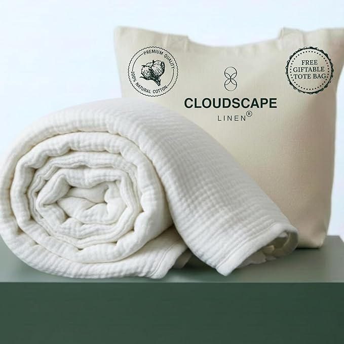 Cloud Scape Linen 4 Layer Oversized Muslin Blanket King Size - 100% Cotton, Weighted and Breathable All Season, Winter Blanket for Bed, Best Gift for Christmas, fits California King, 92x108, White