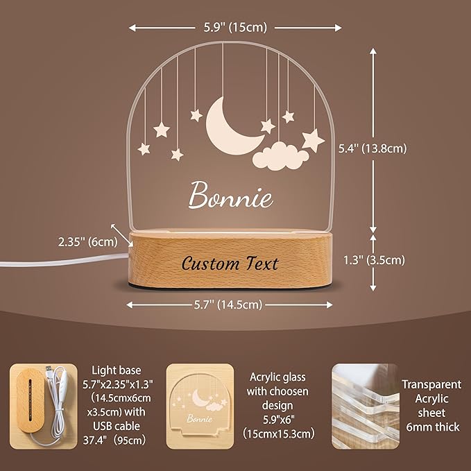 Personalized Baby Gifts for Kids, Custom LED Name Lamp, Moon and Star Acrylic Plaque Night Light, Perfect Christmas Newborn Baby Shower Gifts for Boys Girls Bedroom Nursery Decor