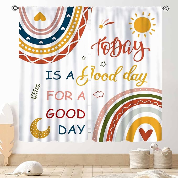 Rainbow Curtains for Classroom, Kids Girls Baby Boho Cute Inspirational Motivational Quotes Cartoon Colorful Pastel Nursery Classroom Bedroom Living Room Bathroom Window Drapes 2 Panels, 84"x63" Inch