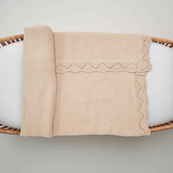 Baby Knit Blanket Soft Breathable Cotton Scallop Border Blankets Newborn Knitted Blanket Swaddle Blankets Gifts for Baby Newborn Toddler Shower Boy Girl New Mom Birthday Christmas Beige 28x36