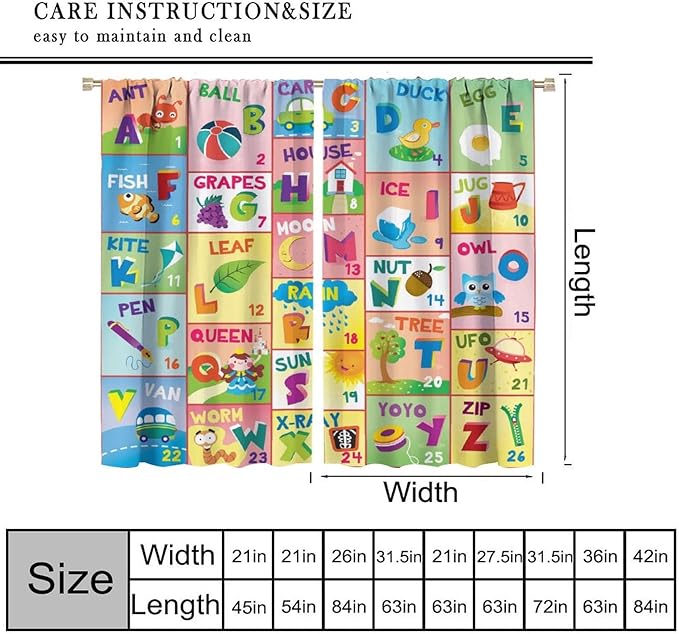 Colorful ABC Classroom Nursery Curtains Kids Alphabet Learning Baby Boys Girls Curtain with Rod Pocket for Children Toddler Playroom Home Drapes Window Treatments 2 Panels Set 63" W X 63" L