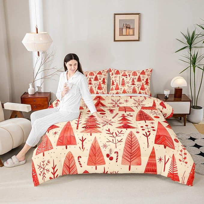 Feelyou Christmas Bedding Set Soft for Boys Girls, Xmas Tree Comforter Set Full Size Snowflake Candy Duvet Quilt Microfiber Pine Tree Bedroom Decor 3 Pcs with 2 Pillow Cases