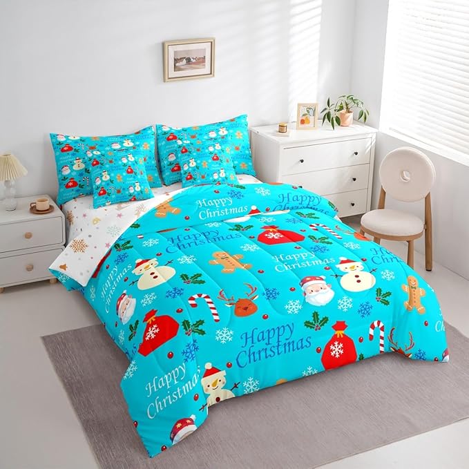 Christmas Deer Comforter Set With Sheets 7 Piece King Size Cute Gingerbread Man Bedding Set for Kids Boys Girls Christmas Santa Claus Bed in a Bag Reversible Xmas Decor Room Decor Soft Lightweight