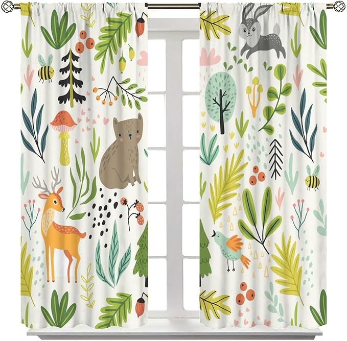Kid Forest Animal Curtains,Woodland Animal Cartoon Watercolor Forest Hedgehog Fox Toddler Boys Girls Bedroom Living Room Window Drapes 72x63in