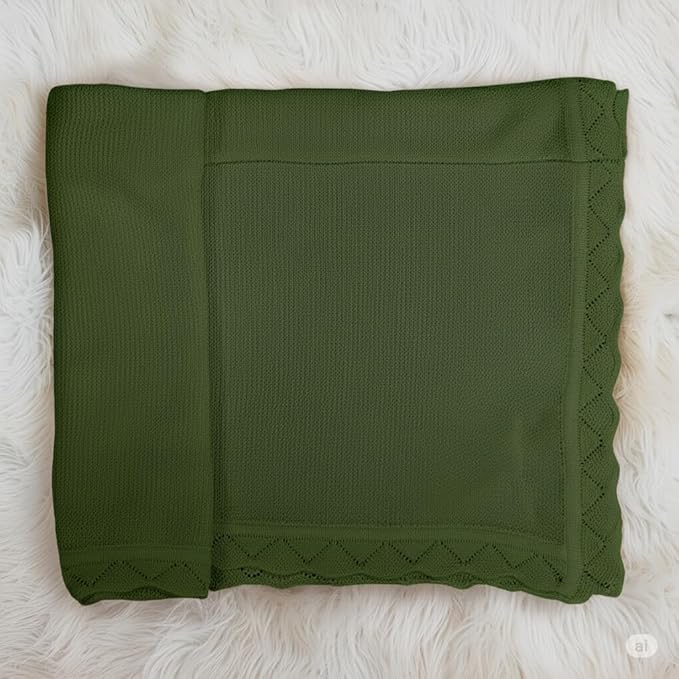 Baby Knit Blanket Soft Breathable Cotton Scallop Border Blankets Newborn Knitted Blanket Swaddle Blankets Gifts for Baby Newborn Toddler Shower Boy Girl New Mom Birthday Christmas Green 30x30