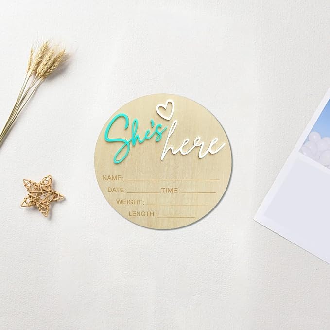 Baby Announcement Sign, 5.9 Inch Wooden Hello World Newborn Signs, Birth Announcement Sign, Gender Reveal Signs, She's here Decoration, Welcome Newborn Arrival To World, Hospital Nursery for Baby (Green She's)