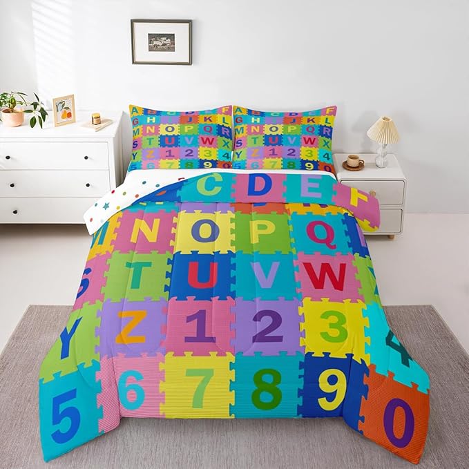 Feelyou Kids Puzzle Alphabet Numbers Comforter Set Full Size ABC Letters Bedding Set for Kids Boys Girls Educational Duvet Quilt English Learning Bedroom Decor Microfiber 3 Pcs with 2 Pillow Cases