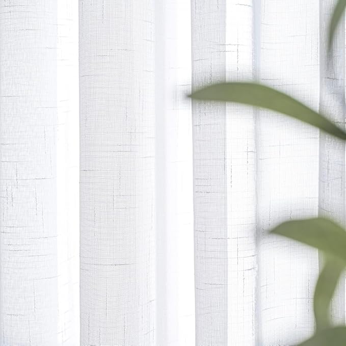 White Sheer Curtains 84 Inches Long 2 Panels, Thin Textured Linen Look Window Sheers, Pinch Pleated Drapes for Living Room, Sliding Glass Door Curtain with Rings & Hooks & Back Tab