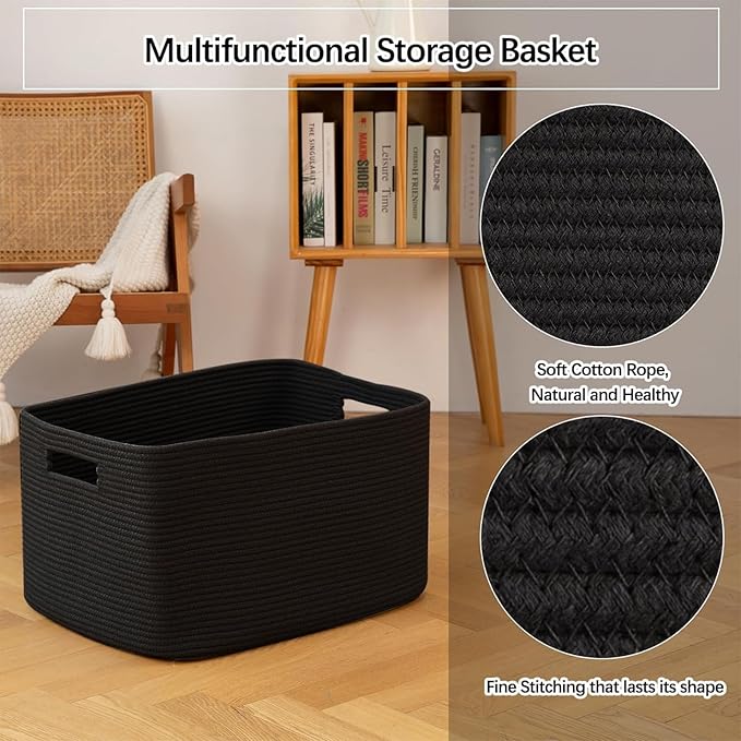 OIAHOMY XXLarge Rectangle Blanket Basket-96L, Cotton Woven Basket for Storage, Dirty Clothes Baskets for Living Room, Nursery, Bedroom, Toy Organizing with Handle, 24" x 16" x 15", Charcoal Black
