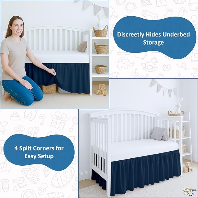 Cottington Lane Navy Blue Crib Skirt Dust Ruffle, 100% Natural Cotton, Soft, Durable Nursery Crib Toddler Bedding Skirt for Baby Girls or Boys, Fits Standard Cribs 28" x 52" with 14" Drop
