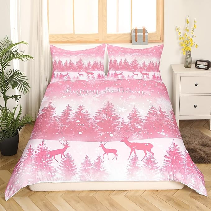 Manfei Pink Glitter Duvet Cover Set Full Size, Xmas Trees Deers Snowflakes Print Bedding Set 3pcs for Kids Girls Teens Bedroom Decor, Christmas Theme Comforter Cover with 2 Pillowcases,No Comforter