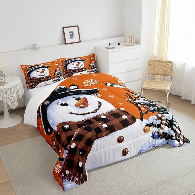 Feelyou Kids Christmas Theme Decorations Bedding Set Xmas Snowman Comforter Set for Boys Girls Snowflake Kawaii Cute Comforter Pumpkin Orange Quilt Set Bedroom Collection Full Size