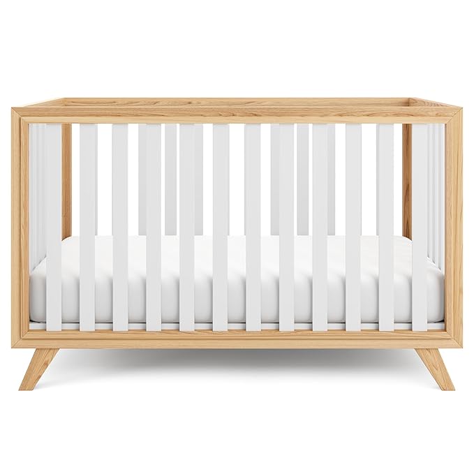 Comfy Cubs Baby Crib for 0 to 3 Years - Adjustable Mattress Height, Natural Wooden Crib for Baby, Elegant Nursery Furniture - 80 lbs Capacity Nursery Bed - White Bars with Natural Wood Frame and Legs