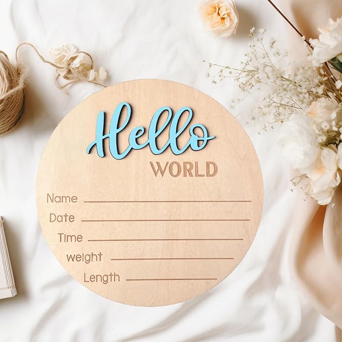 Baby Announcement Sign, 5.9 Inch Wooden Hello World Newborn Signs, Birth Announcement Sign, Baby Shower Hospital Nursery for Newborn Boys and Girls (Sky Blue,Pen)