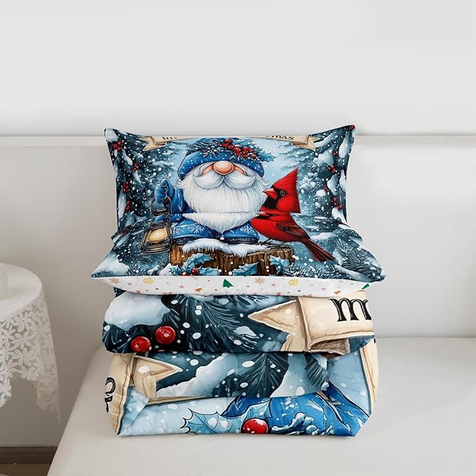Kawaii Santa Claus Comforter Set Full Size,Poinsettia Cardinal Christmas Birds Kids Bedding Set,Holly Berries Winter Snowflake Quilt Comforter,Blue Red Duvet Insert,2 Pillowcases