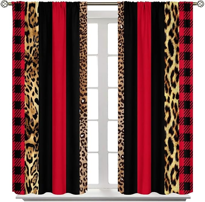 Leopard Skin Blackout Window Curtains, Brown Cheetah Red Black Plaid Stripe Print Window Drapes for Kids Boy Girls Bedroom Living Room 42" W X 63" L