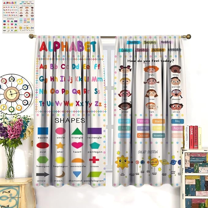 Kids Educational Alphabet Cartoon Curtain Solar System Shapes Cute Knowledge Printed Rod Pocket Blackout Window Drapes for Todders Nursery Baby Bedroom Living Room 42" W X 63" L