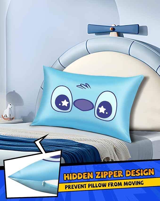 Silk Pillowcase for Kids - 30 x 20 Inches Queen Size Mulberry Silk Pillow Case with Zipper Cute Cartoon Kawaii Teens Girls Boys Pillowcase for Hair and Skin, Blue Eye