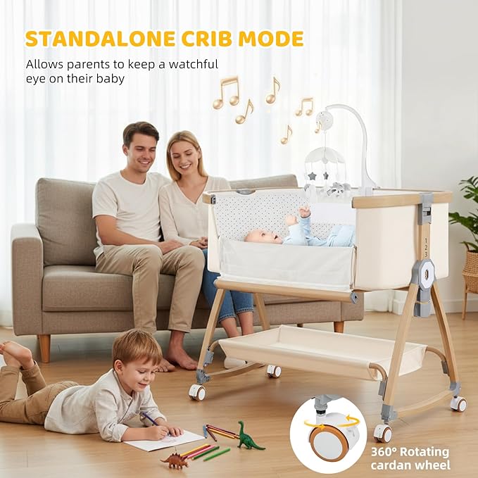 Bassinet Bedside Sleeper,Bedside Bassinet,Rocking Bassinet,3 in 1 Baby Bassinet with Mattress,Mobile,Mosquito Net,Storage Basket,6-Height Adjustable Portable Bassinet with Wheels for Newborn(Beige)
