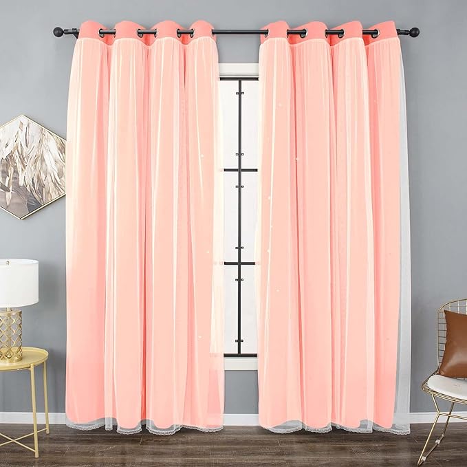 Kinryb Princess Curtains for Girls Bedroom with Sheer Overlay,Double Layer Curtain for Living Room with Star Cutout, Curtains for Kids Room (52 W*72 L Inches,2 Pcs Coral)