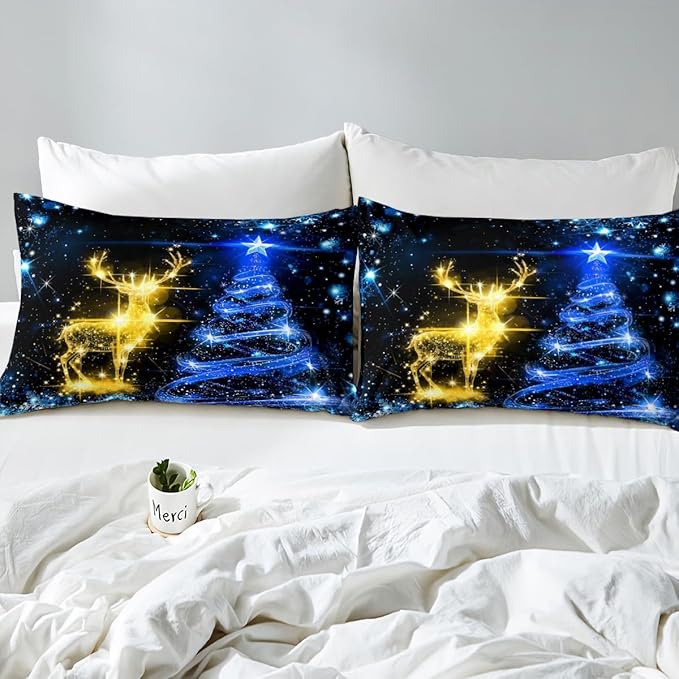 Christmas Duvet Cover Set Full Size Gold Reindeer Bedding Set 3pcs for Kids Boys Girls Room Decor Blue Christmas Tree Comforter Cover Western New Year Theme Quilt Cover with 2 Pillowcases,No Comforter