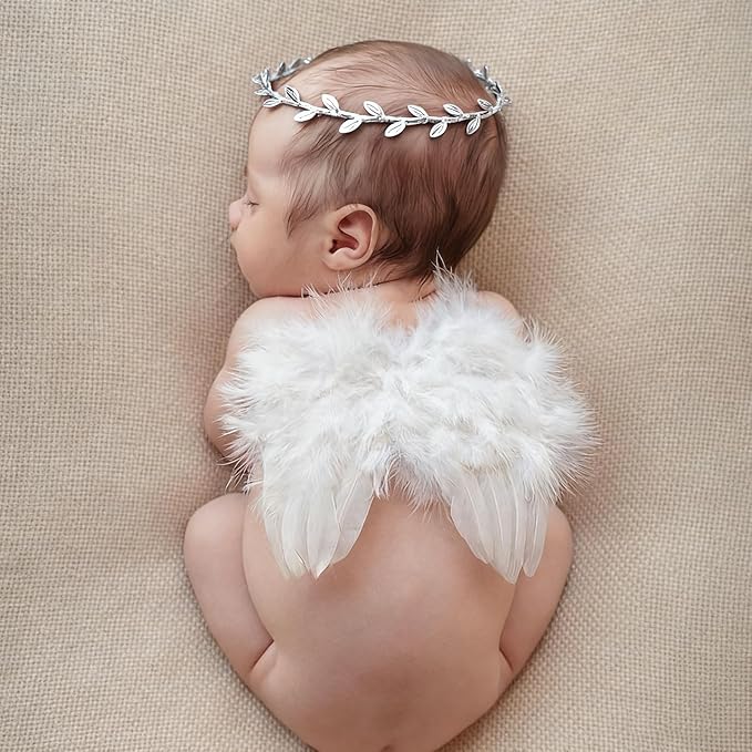 Qiansail Newborn Baby Fairy Angel Wings Princess Feather Wing Costume with White Headband Photography Props Shoot Outfits for Birthday (White)