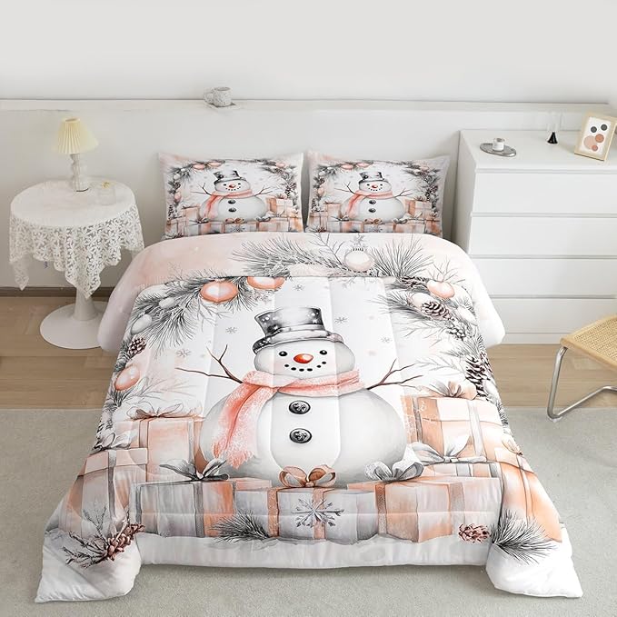 Feelyou Merry Christmas Comforter Set Toddler Size Cute Snowman Bedding Set for Kids Boys Girls Duvet Quilt Snowflake Bedroom Decor Microfiber 2 Pcs with 1 Pillow Cases