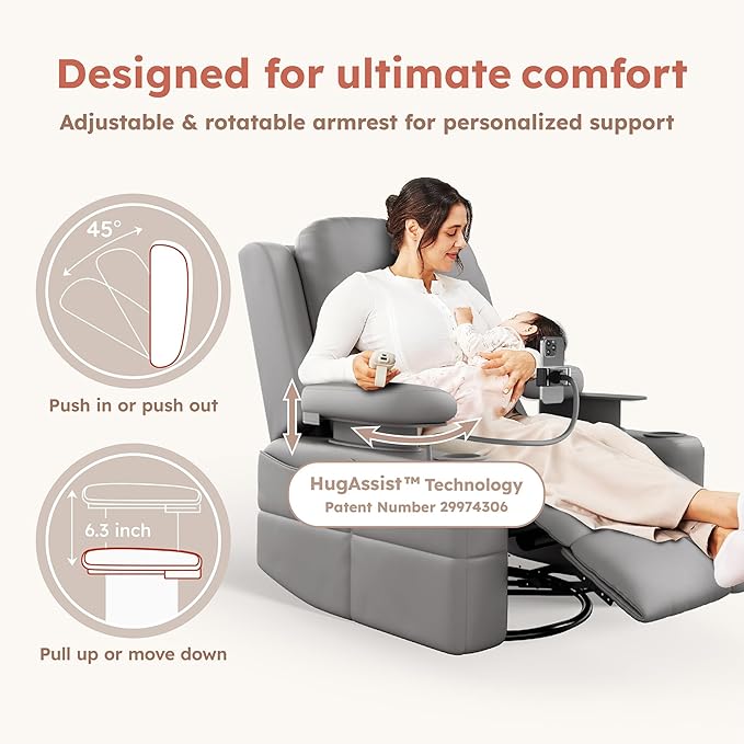 MAMAZING Oversized Rocking Chair Nursery with Adjustable Armrests, Electric Glider Recliner Nursing Chair for Breastfeeding, Power Swivel Recliner Chairs, Oeko-TEX & FSC Certified(Urban Gray)