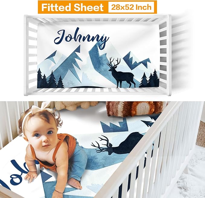 Custom Crib Bedding Set - Woodland Animals Design Personalized Name Baby Nursery Bedding 3 Pcs Set - Chic Soft Blanket, Sheet, Pillowcase for Newborns Boys Girls Gifts Color22
