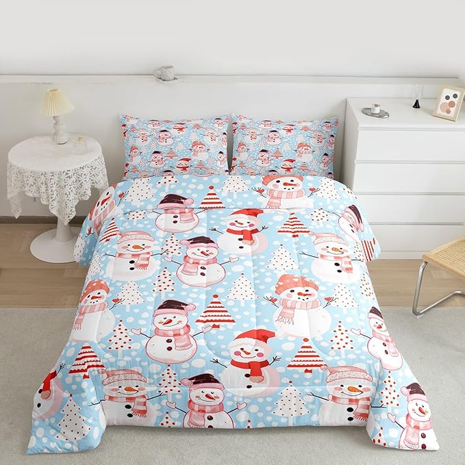 Manfei Christmas Comforter Set King Size, Snowman and Xmas Trees Bedding Set 3pcs for Kids Girls Adults Bedroom Decor, New Year Blue Down Comforter Soft Polyester Quilt Set with 2 Pillowcases