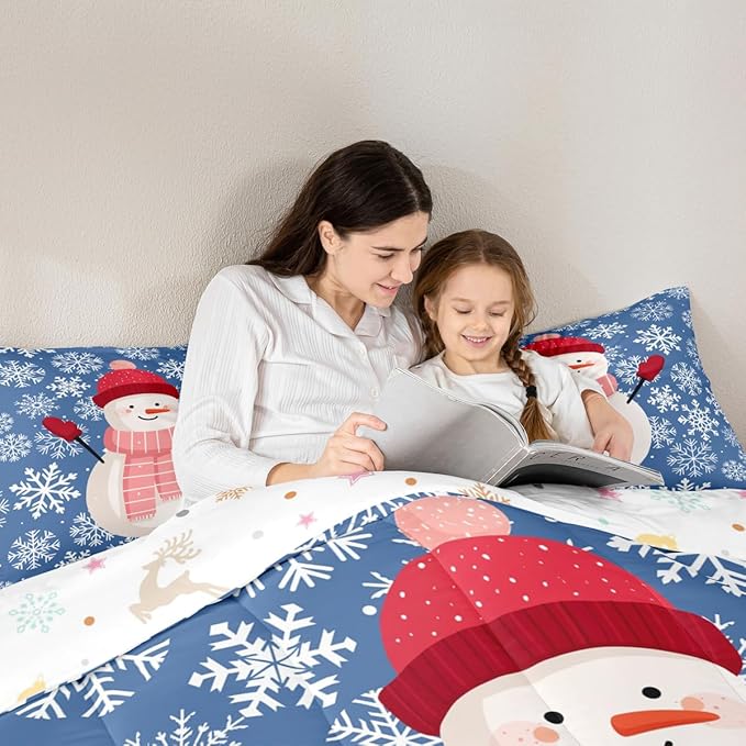 Feelyou Christmas Comforter Set King Size Snowman Blue Bedding Set for Kids Boys Girls Xmas Snowflakes Duvet Quilt Winter Snow Bedroom Decor Microfiber 3 Pcs with 2 Pillow Cases