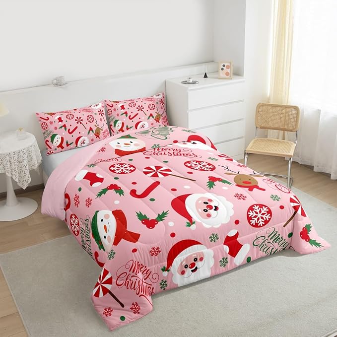 Feelyou Merry Christmas Kids Comforter Set Toddler Size Santa Claus Snowman Bedding Set Deer Berries Duvet Quilt for Kids Boys Girls Bedroom Snowflake Decor Microfiber Ultra Soft Breathable