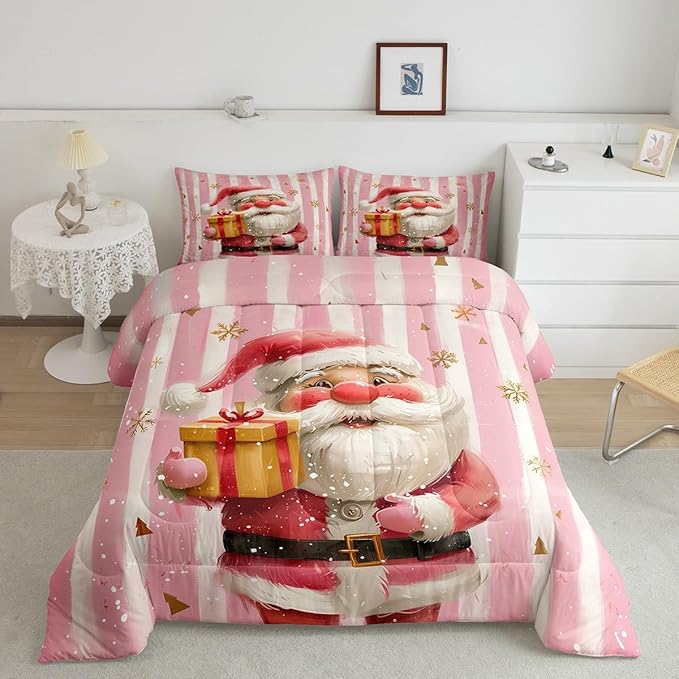 Cartoon Santa Claus Bedding Set Full Size,Merry Christmas Snowflake Comforter Set for Kids Boys Girls Room Decor,Red Pink Stripes Duvet Insert 3Pcs,Xmas Theme Microfiber Quilt Set,2 Pillowcases