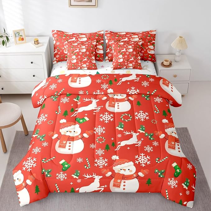 Red Christmas Comforter Set With Sheets 7 Piece King Size Cartoon Deer Snowman Bed in a Bag Kids Boys Girls New Year Red Bedding Set Reversible Xmas Decor Bedroom Decor Breathable Soft Lightweight