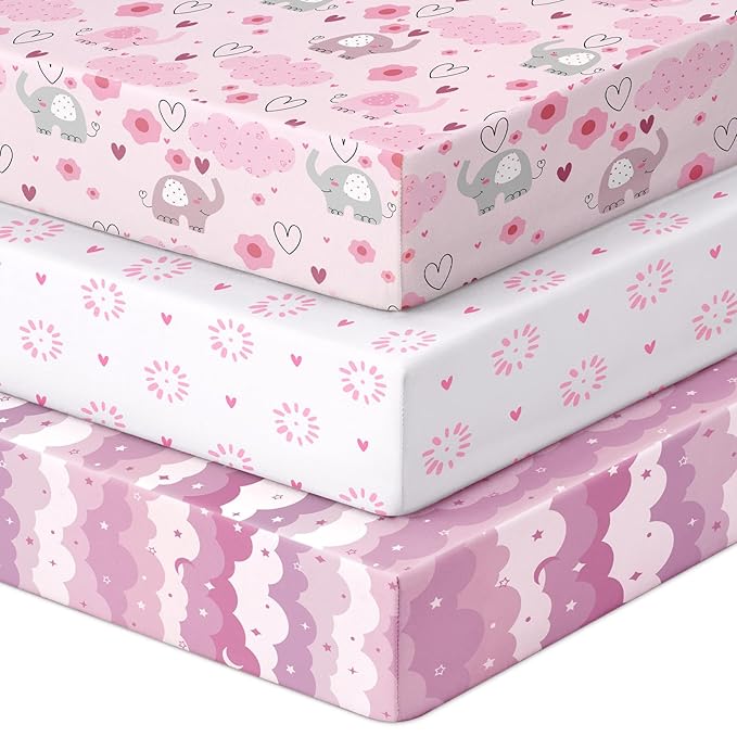 Looxii Baby Crib Sheets for Girls, 3 Pack Fitted Crib Sheet for Standard Crib and Toddler Mattress, Ultra Soft Breathable Microfiber Baby Sheet 52x28x8in
