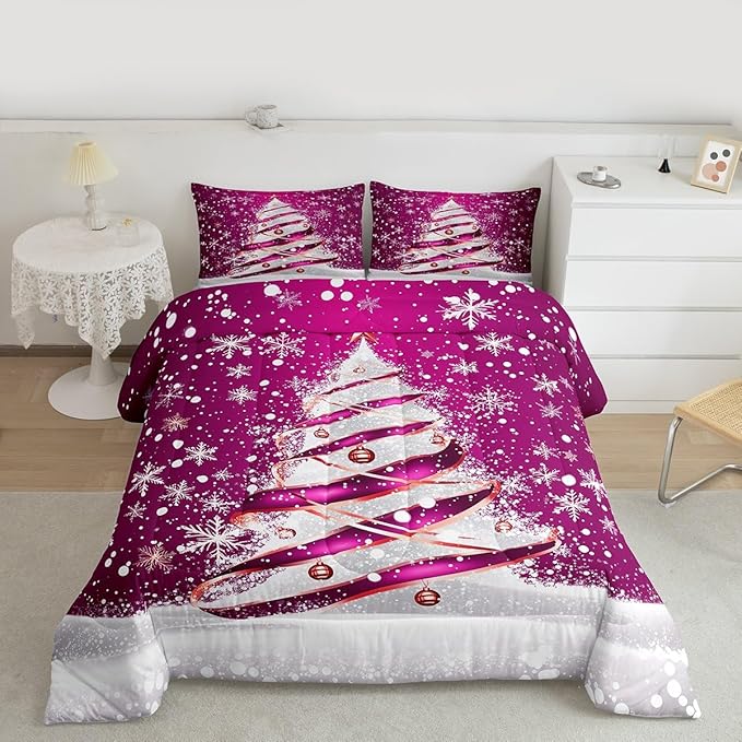 Feelyou Merry Christmas Bedding Set Soft for Boys Girls, Christmas Tree Comforter Set Toddler Size Snowflake Duvet Quilt Microfiber Winter Bedroom Decor 2 Pcs with 1 Pillow Cases
