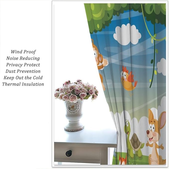 Animal Curtains, Cartoon Cute Woodland Jungle Forest Animals Pattern Blackout Window Treatments, Rod Pocket Thermal Insulated Drapes 2 Panel Sets for Kids Nursery Bedroom Classroom, 55" W X 63" L