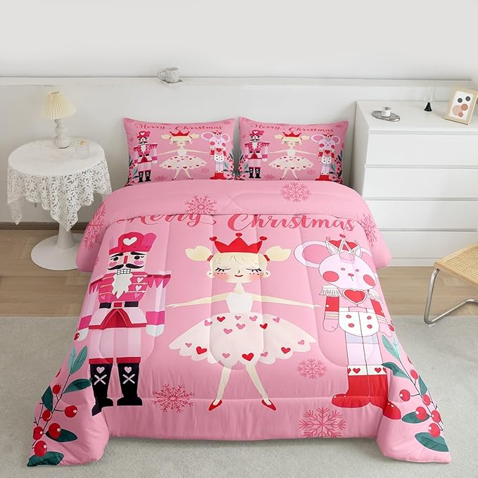 Feelyou Pink Christmas Comforter Set All Season Nutcracker Bedding Set with 2 Pillow Cases Mouse King Microfiber Kids King Bedclothes Royal Guarder Ballet Princess Bedroom Decor Duvet Quilt Soft