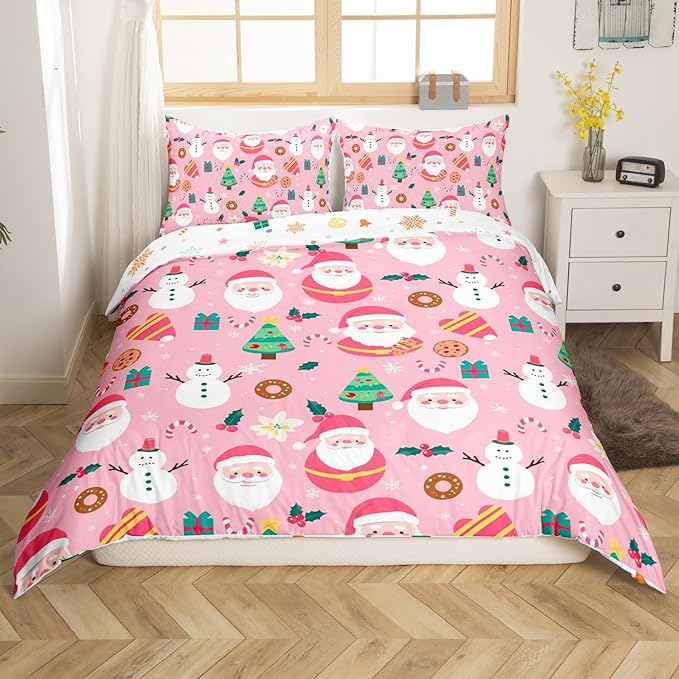 Feelyou Christmas Santa Comforter Cover Twin Size Cute Snowman Duvet Cover Xmas Holiday Bedding Set Gifts for Kids Boys Girls,Christmas Tree Snowflake Candy Decor 1 Pillow Case Pink