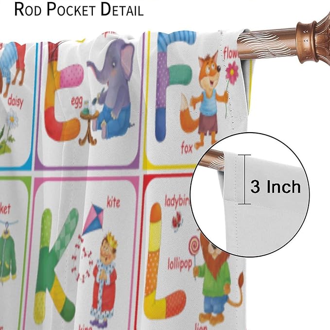 Kids Alphabet Curtains Cartoon Animal Funny Education Learning Curtain with Rod Pocket for Bedroom Nursery Children Toddler Decor Drapes Window Treatments 2 Panels Set 63" W X 72" L