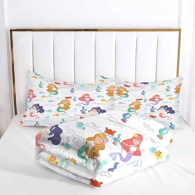 kxry Little Mermaid Princess Comforter Set Queen Size Fairy Tale Sea Shell Grass Bedding Sets for Girls Teens Kids Soft Microfiber Lightweight Comforter Set with 1 Comforter + 2 Pillow Cases